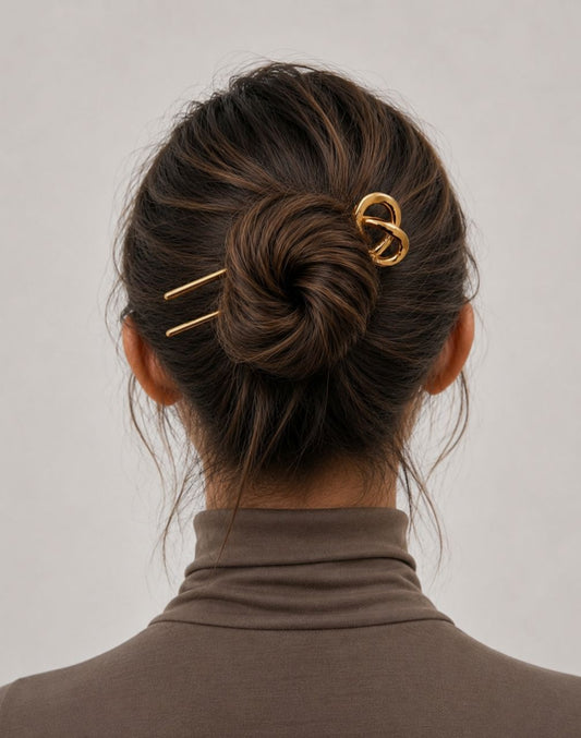 hair styled in a messy bun secured by two gold hairpins, including a prominent interlocking double-ring clip