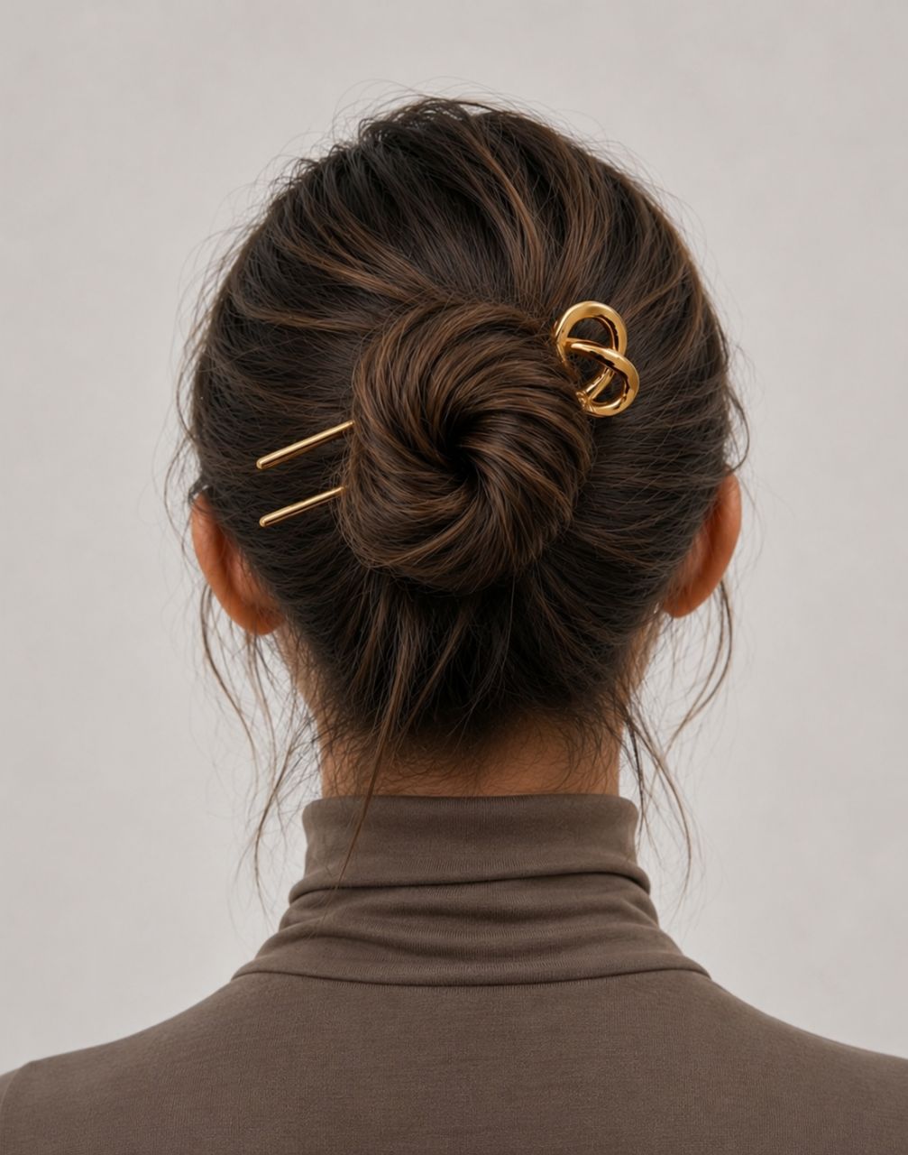 hair styled in a messy bun secured by two gold hairpins, including a prominent interlocking double-ring clip