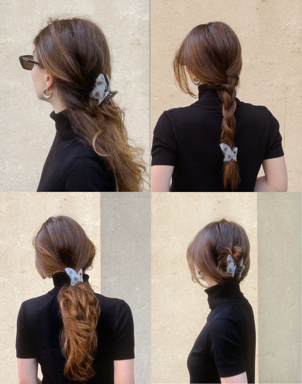Four different hairstyles of a person with long brown hair using a hair tie on a beige background.