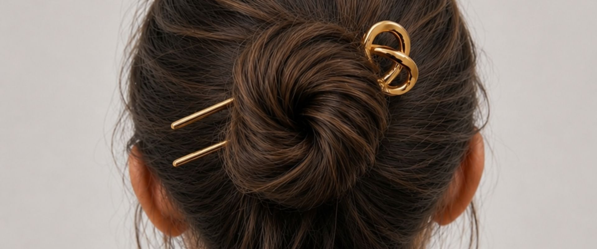 A close-up of a person's dark brown hair styled in a messy bun, secured with a gold infinity-shaped hair claw clip and two matching gold hair pins against a light gray background.

