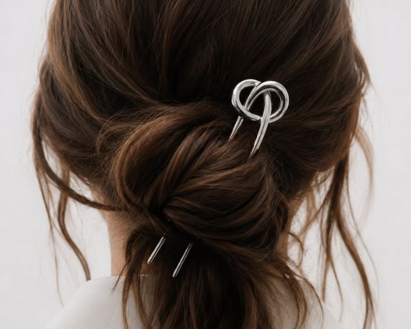 A close-up of a person's dark brown hair styled in a messy bun, secured with a gold infinity-shaped hair claw clip and two matching gold hair pins against a light gray background.

