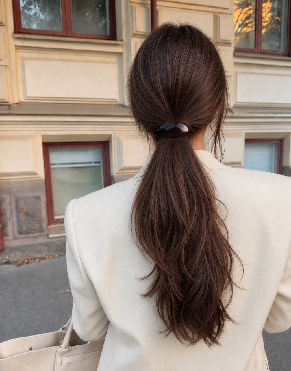 A woman viewed from behind wearing a cream-colored blazer, showcasing a long, dark brown ponytail hair extension secured with a black hair tie. She is standing outdoors in front of a beige building.

