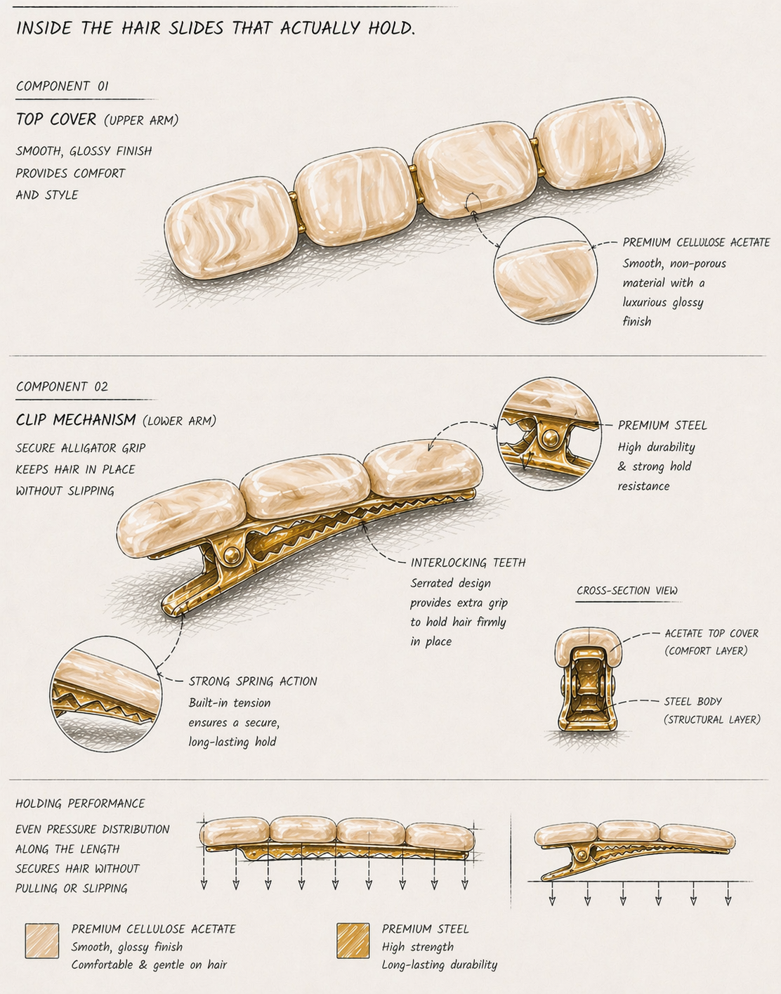 Detailed diagram of a hair clip with labeled components on a white background.
