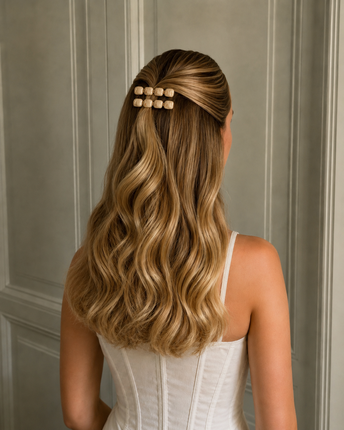Woman with long wavy hair wearing a hair accessory against a neutral wall.