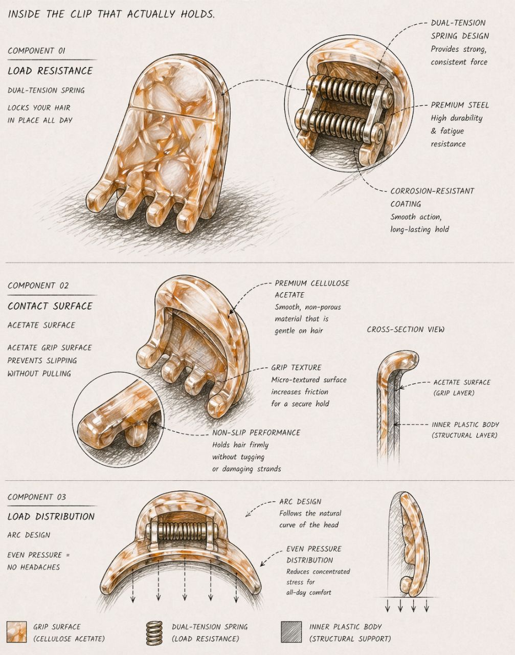 tiny trio hair clips technical diagram