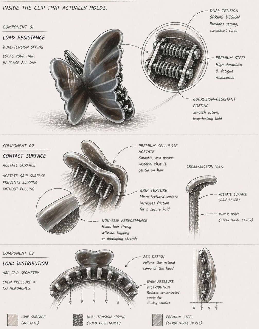 Technical diagram of a butterfly clip with labeled components and features.