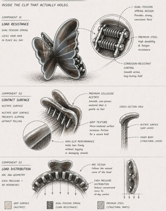 Technical diagram of a butterfly clip with labeled components and features.
