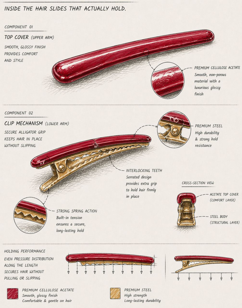 Detailed diagram of a hair clip with labeled components on a white background