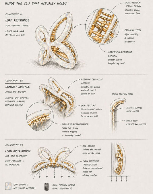 Technical diagram of a hair clip with labeled components on a white background