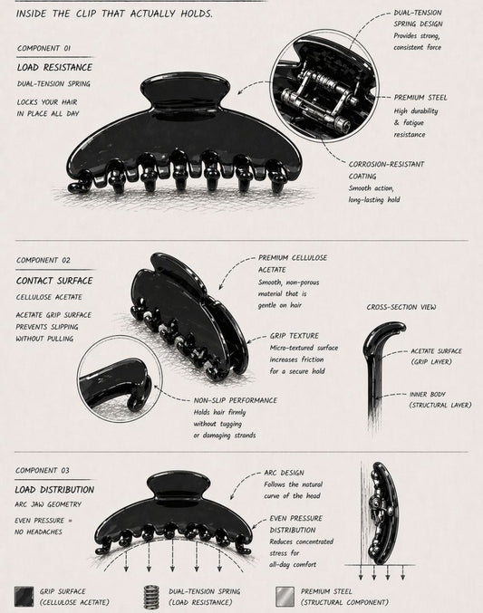 Diagram of a hair clip with labeled components on a white background